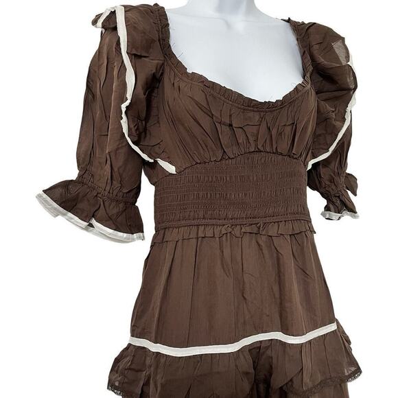 Anthropologie Puff Sleeve Tiered Maxi Dress Size S Brown Smocked Prairie NEW - Picture 3 of 9